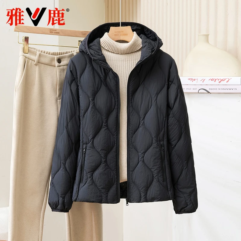 雅鹿2025冬季新款轻薄羽绒服女连帽内胆外穿简约纯色宽松保暖外套