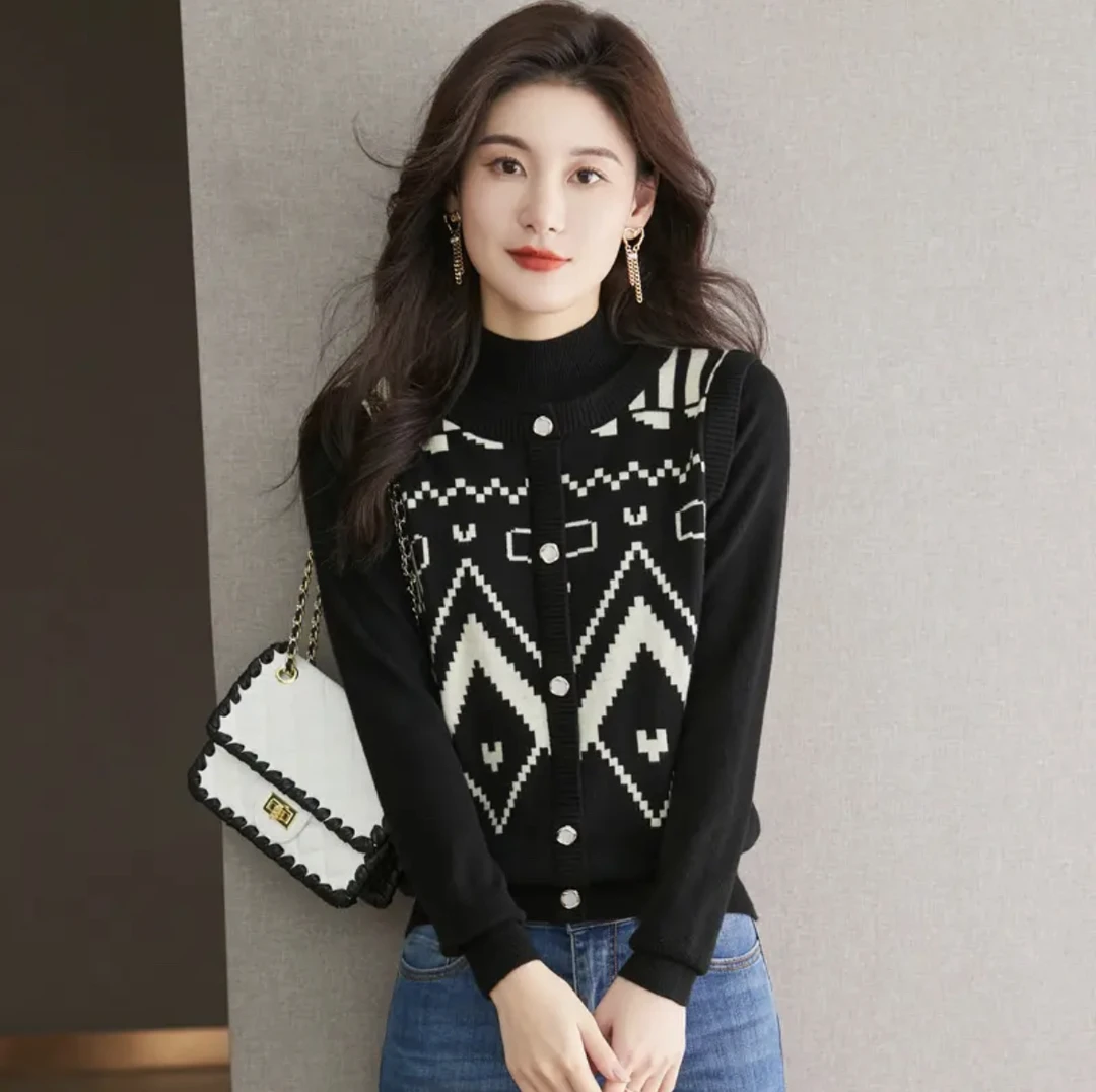 （小猪）冬装新款复古高端气质休闲宽松长袖提花半高领假两件针织衫