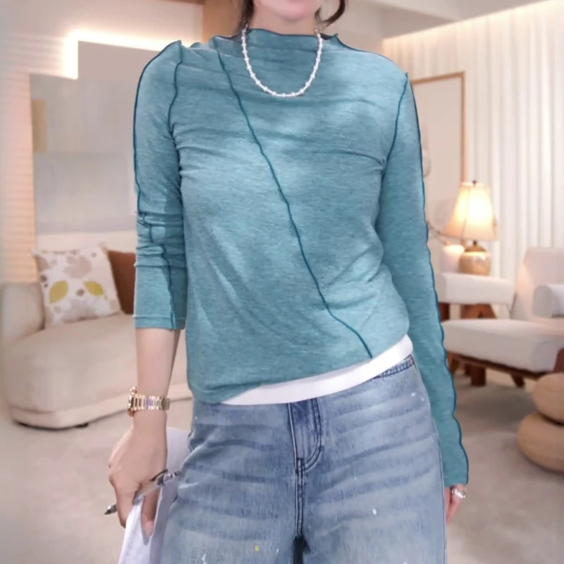 设计感套头长袖T恤女秋季新款拼接欧货时尚立领百搭上衣打底衫女