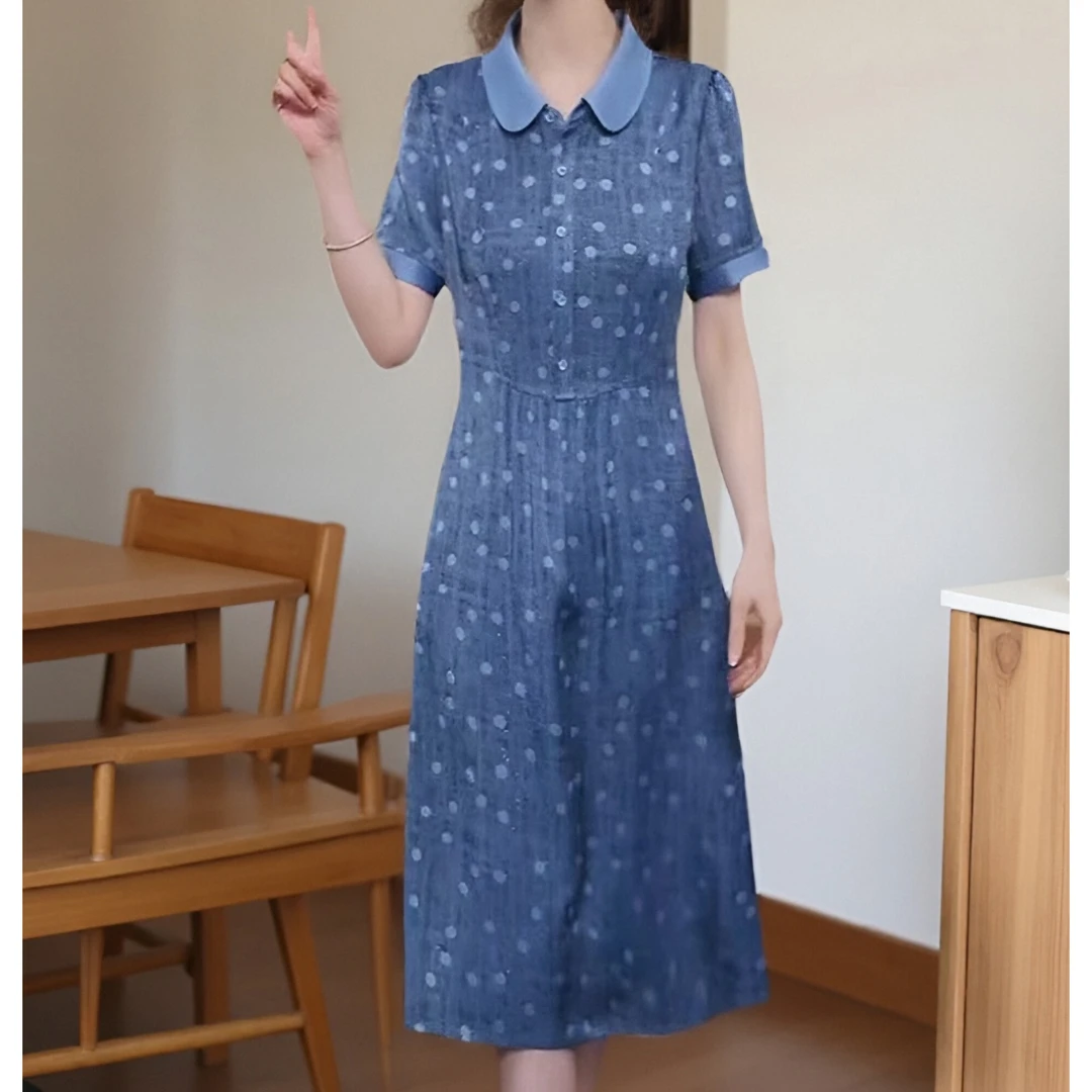 高腰静奢风波点休闲风夏季连衣裙蓝色长裙欧若精灵风