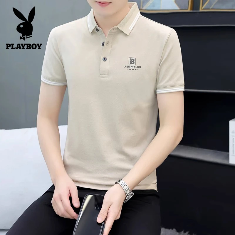 花花公子冰丝翻领男士短袖t恤衫2025夏季新款商务休闲polo衫男款
