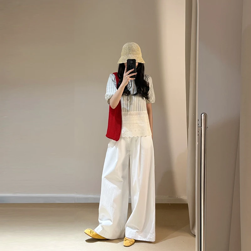 FUTURE BEATS「冰台」提花气质泡泡袖复古圆领甜美拼接小衫衬衫8655