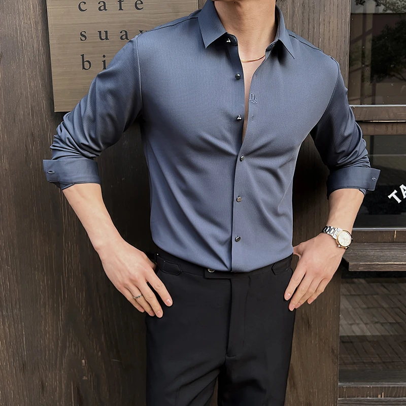 华夫格男士长袖衬衫痞帅商务休闲春秋男款2025年新款男装大领衬衣