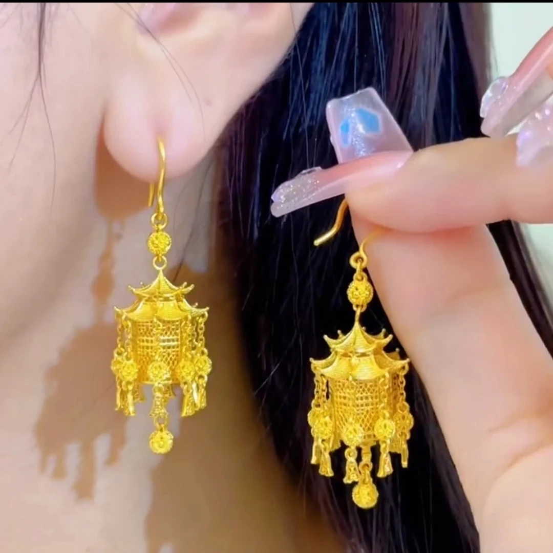 足金999耳饰宫灯手工复古时尚精美耳勾百搭古风精致金耳坠