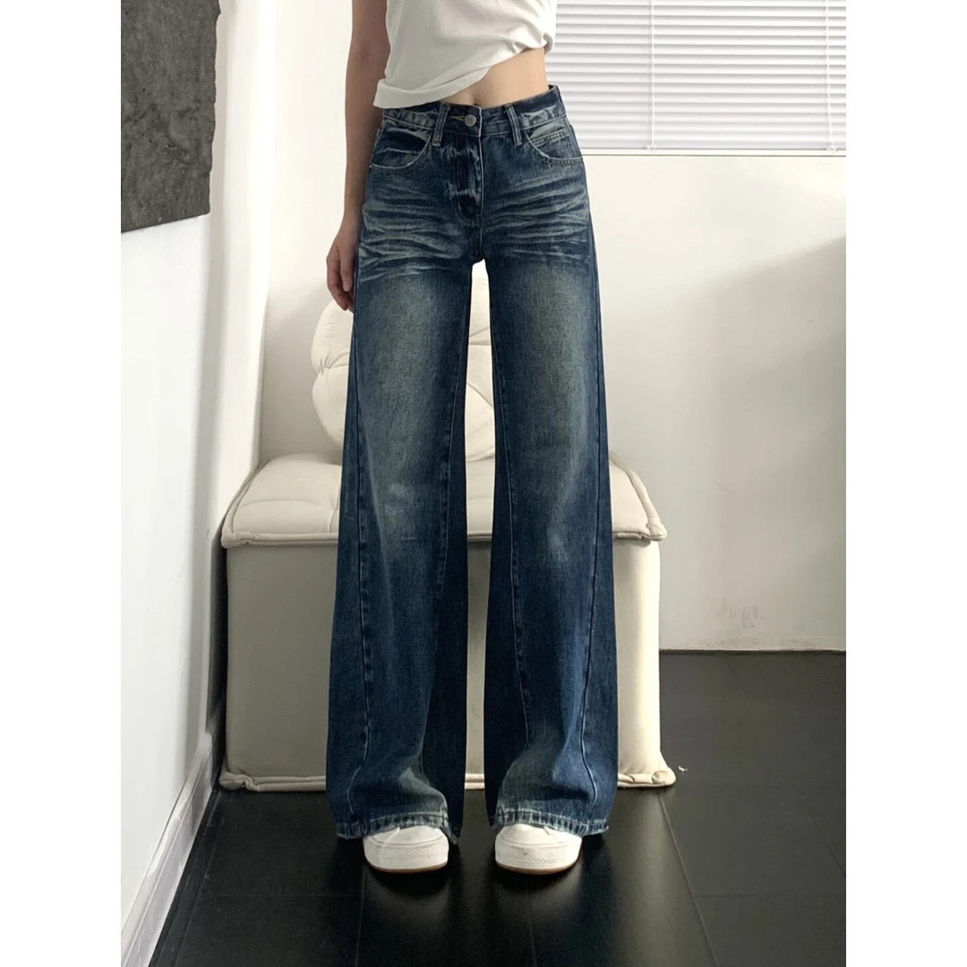 美式水洗折痕弯刀牛仔裤女2025秋季新款重工设计感高腰宽松阔腿裤