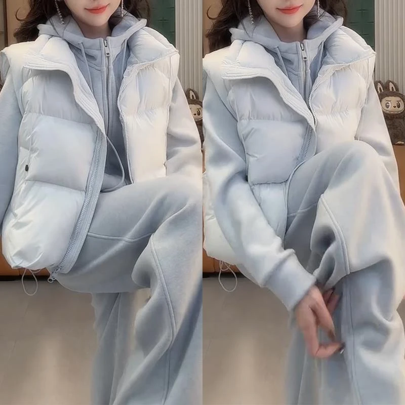 巨好看的一整套女2025秋冬季连帽保暖卫衣棉服马甲休闲裤三件套