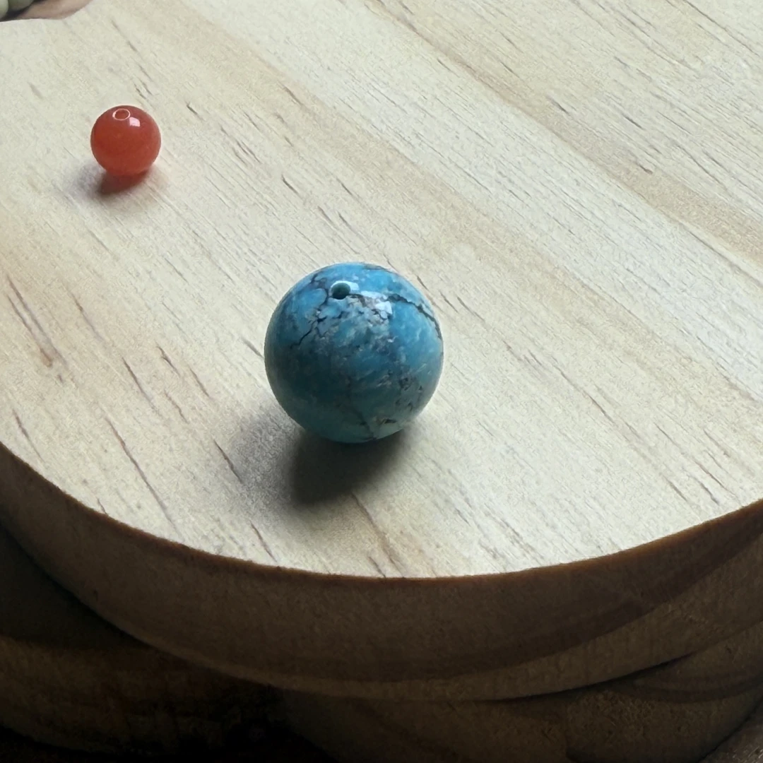 153湖北十堰原矿无优化高瓷绿松石圆珠13.2mm2.36克保真正品