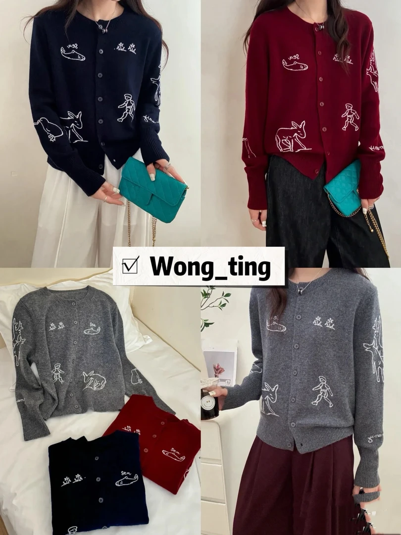 【W_ting】冬款小众设计师五色海豚小鹿刺绣羊毛开衫12102