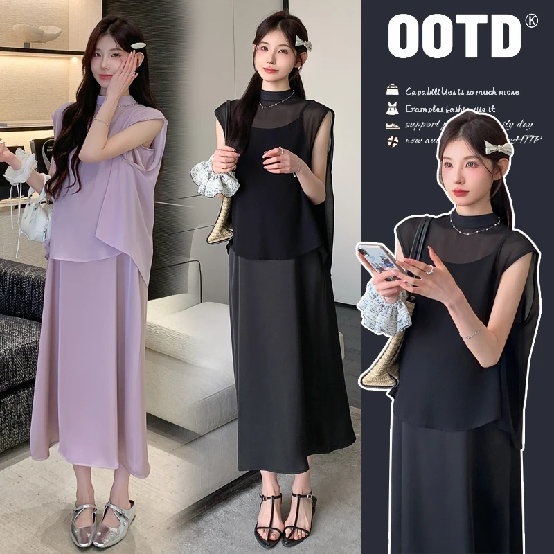 2025夏季新款孕妇连衣裙缎面醋酸吊带裙子＋雪纺系带防晒罩衫套装