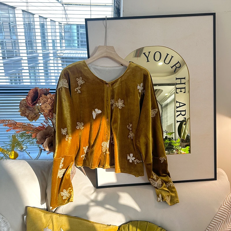 124SY3383新中式国风老钱风丝绒重工钉珠刺绣衬衫女宽松显瘦上衣