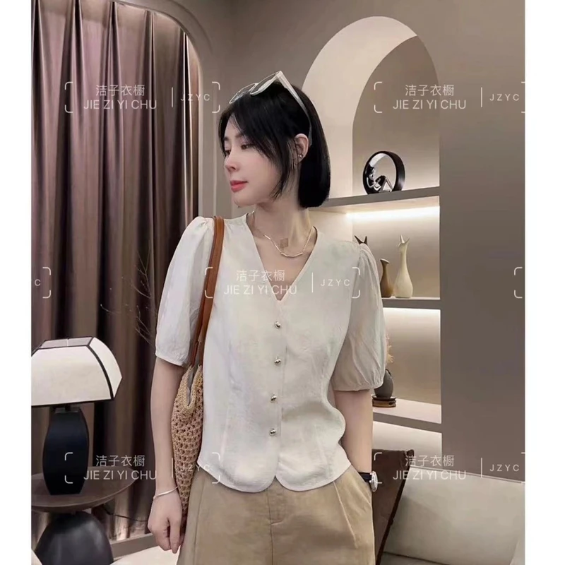 【洁子推荐】24358夏季新款法式小香设计V领衬衫上衣JZYC