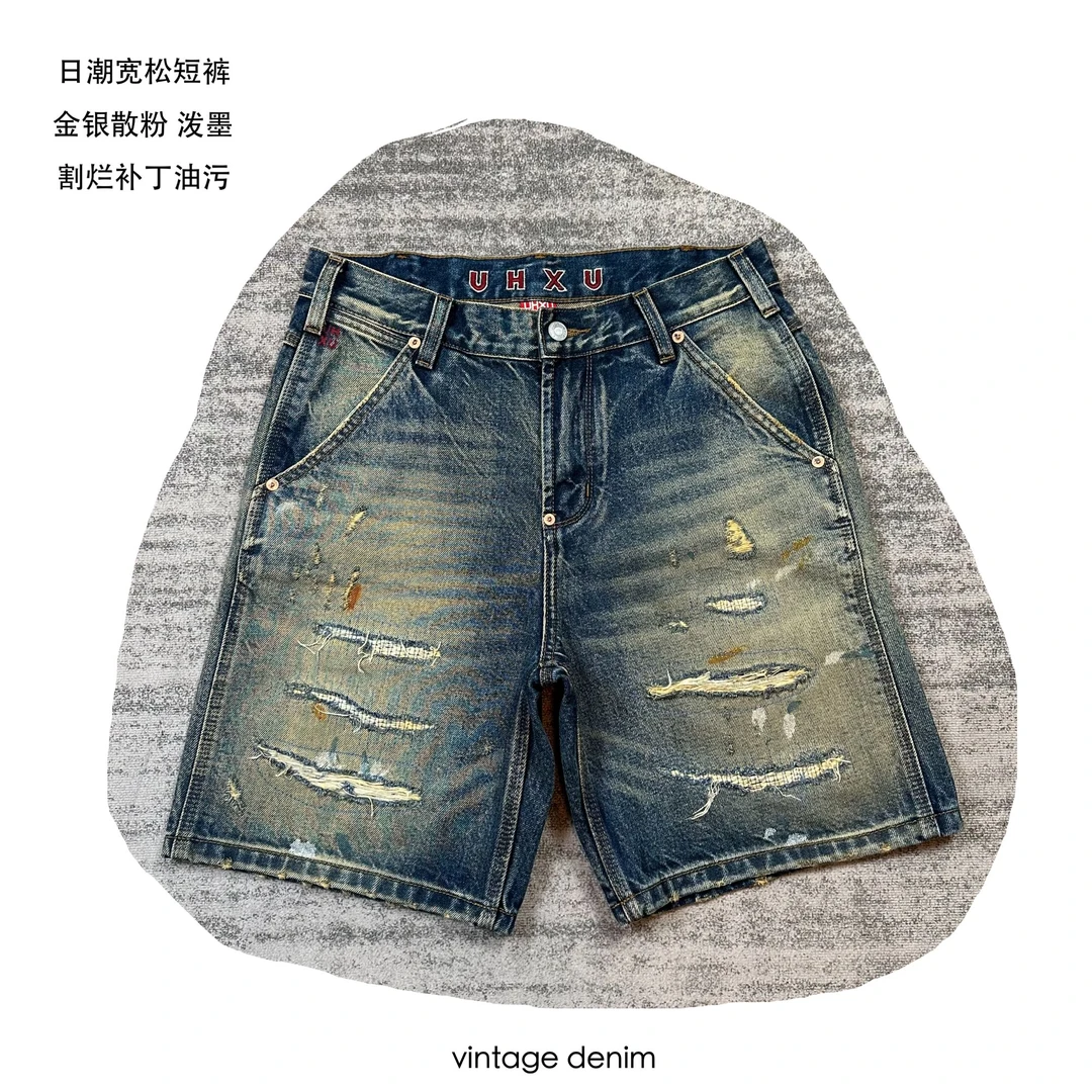 日潮重工破坏手工割烂补丁泼墨做旧金银散光粉潮牌男牛仔宽松短裤