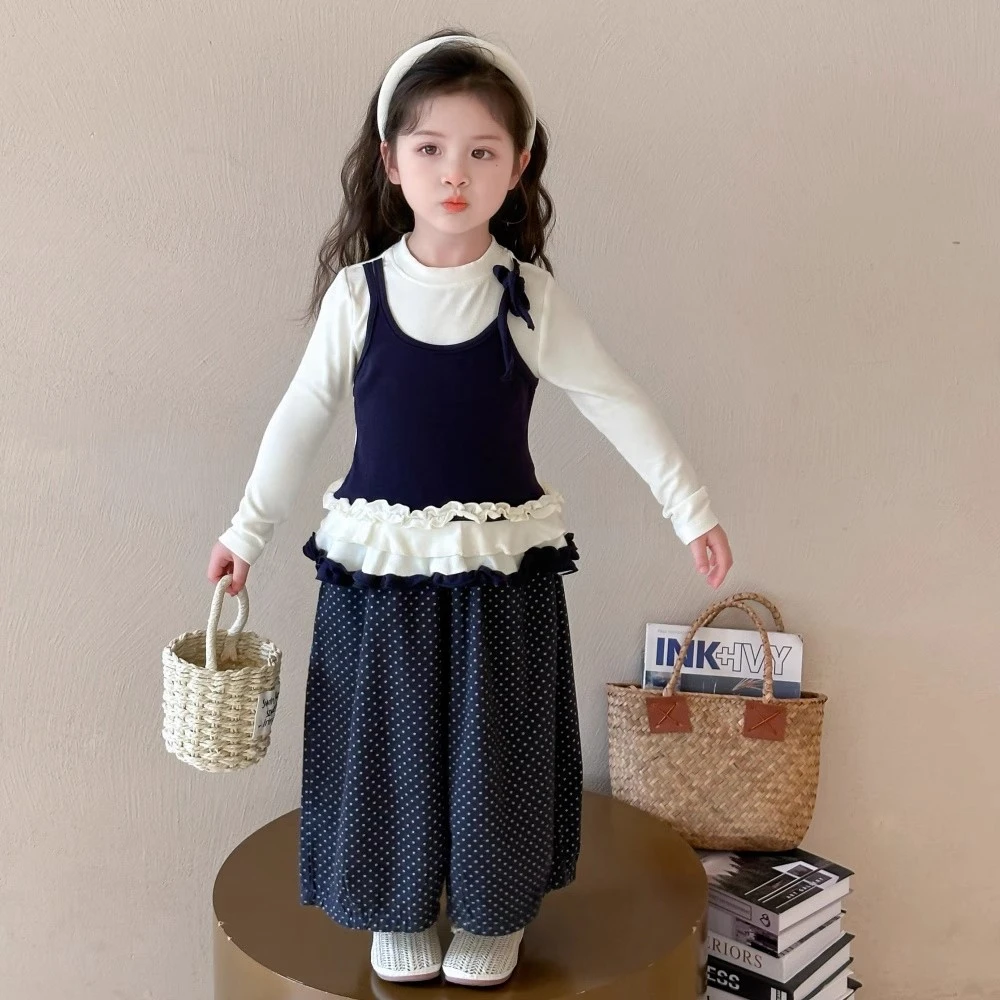 女童套装2025春季新款儿童洋气假两件T恤蕾丝打底衫小女孩阔腿裤