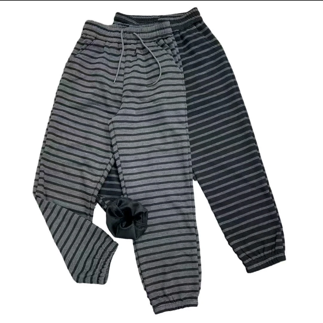 大码冬季加绒条纹高腰显瘦宽松百搭时尚束脚休闲裤