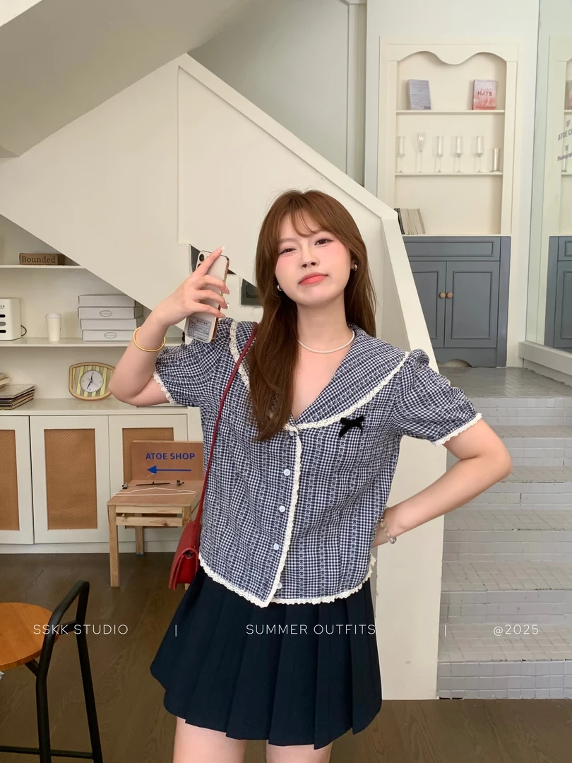 KMZY/KMZY山_山【蓝白织梦】微胖女装学院风海军领显瘦格纹短袖衬衫