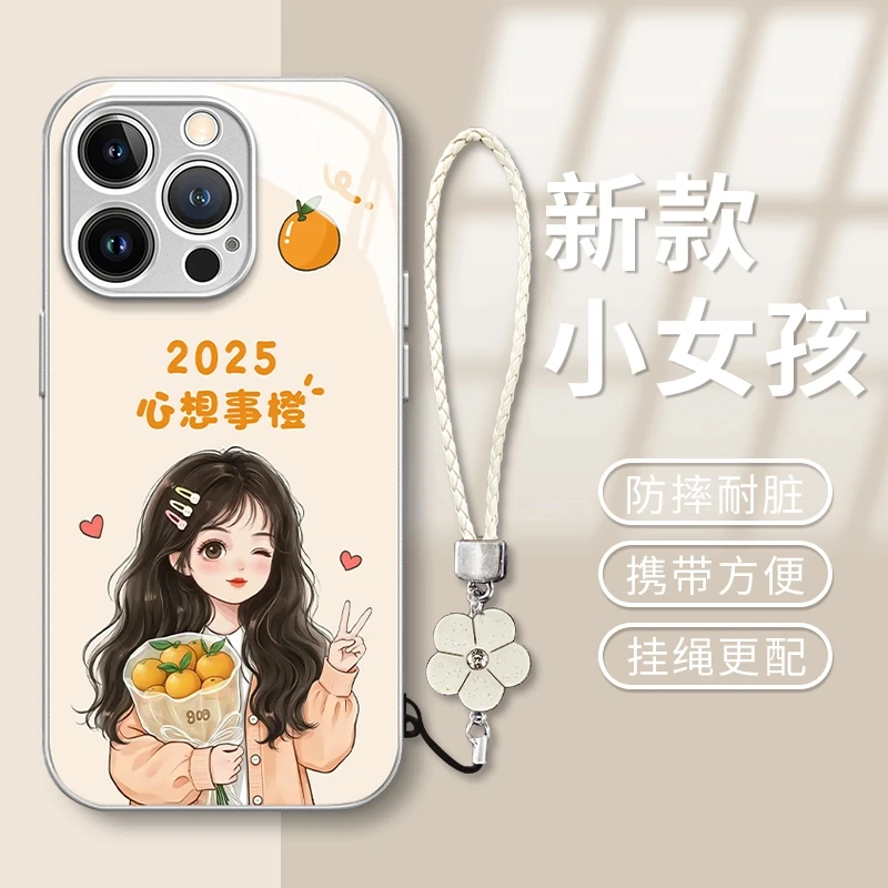 小女孩金属漆玻璃壳适用于苹果华为vivo小米oppo防摔女款手机壳