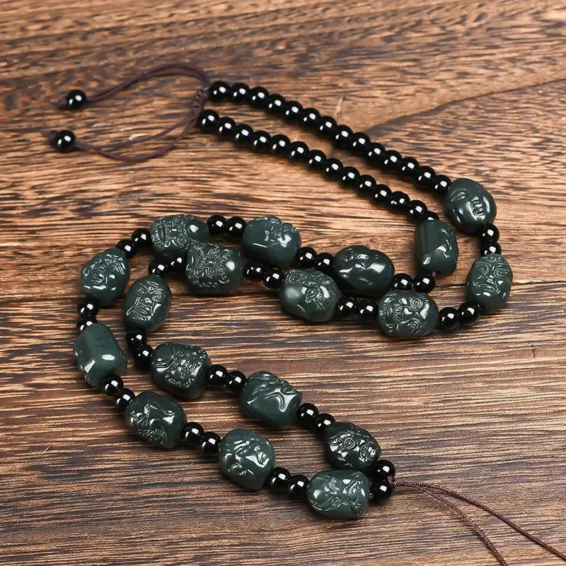 新疆和田玉青玉细料和田玉十八罗汉项链珠链 男女款玉挂链挂绳