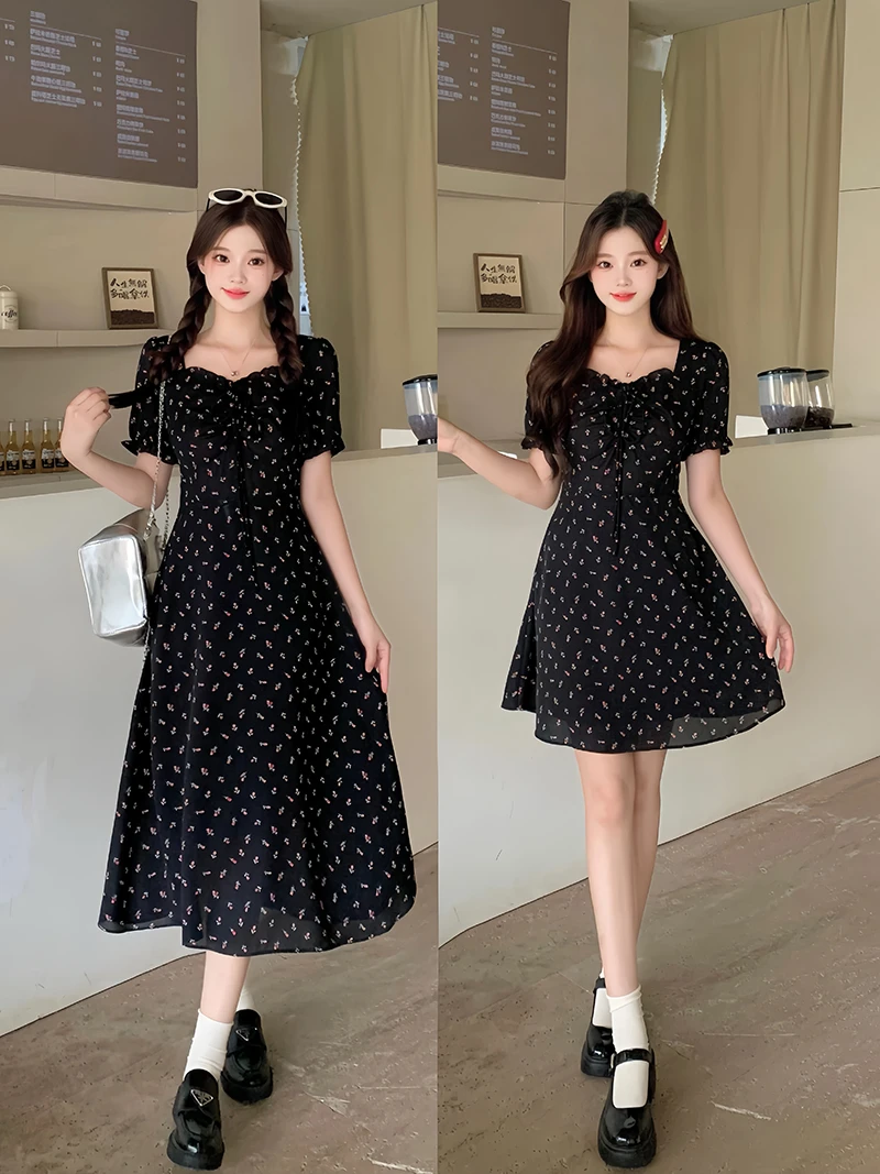 Q2025夏款遮肉大码女休闲优雅碎花收腰显瘦连衣裙 22121+22118