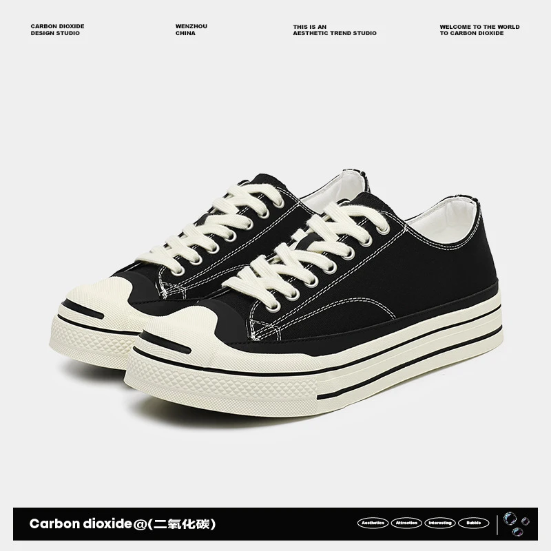 开口笑帆布鞋男小众高街日系潮鞋耐磨透气平底经典百搭黑白滑板鞋