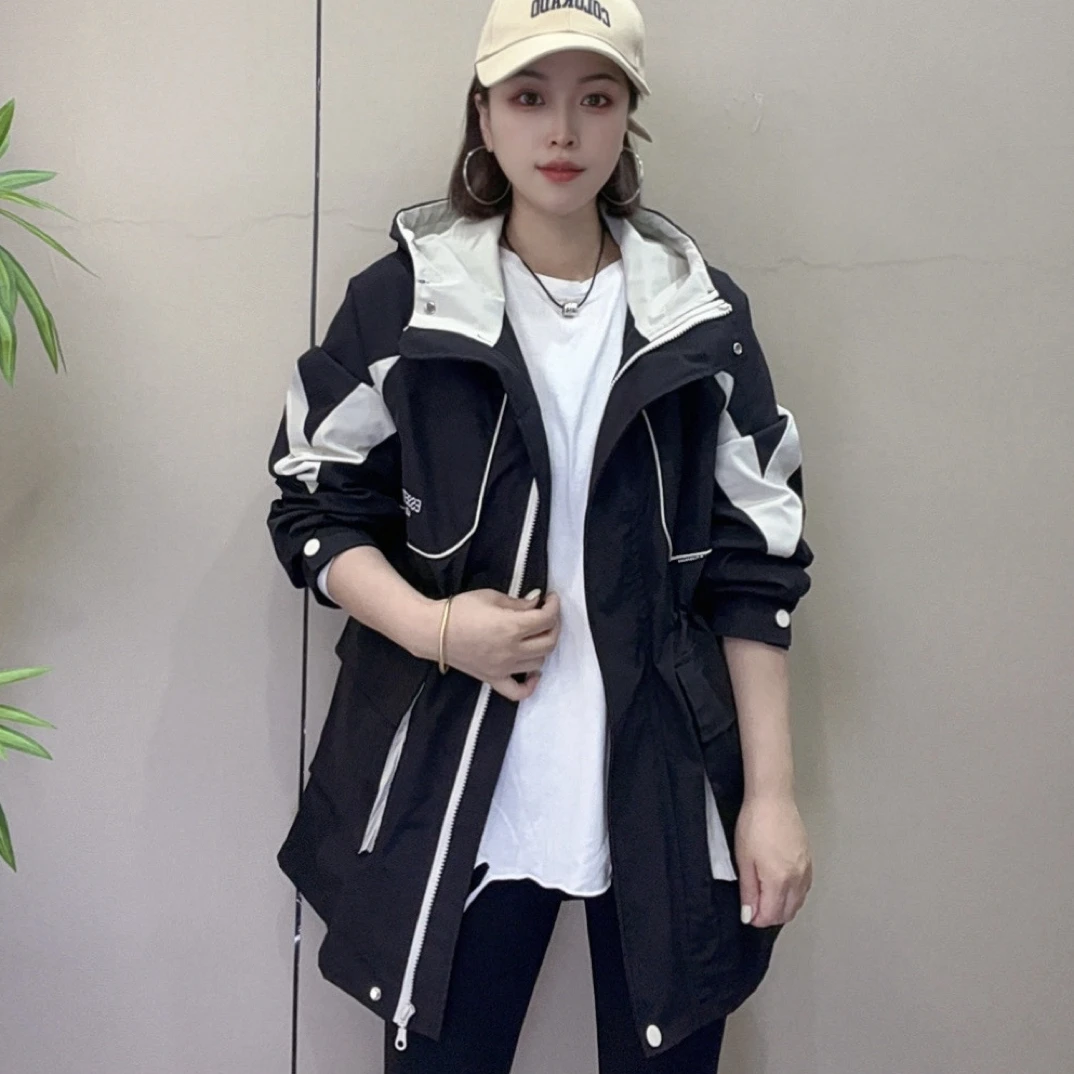 李李服饰新款连帽中长款刺绣重工拼色收腰休闲百搭风衣外套
