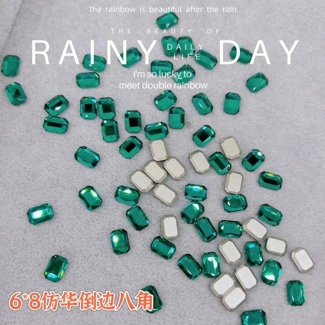 美甲钻祖母绿墨绿6*8倒边仿华平底八角冰糖玻璃钻指尖平底钻饰
