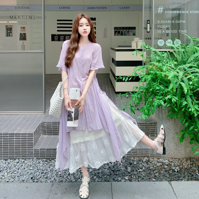 小清新文艺长款衬衫半身裙套装女2025夏新款慵懒松驰感森系两件套