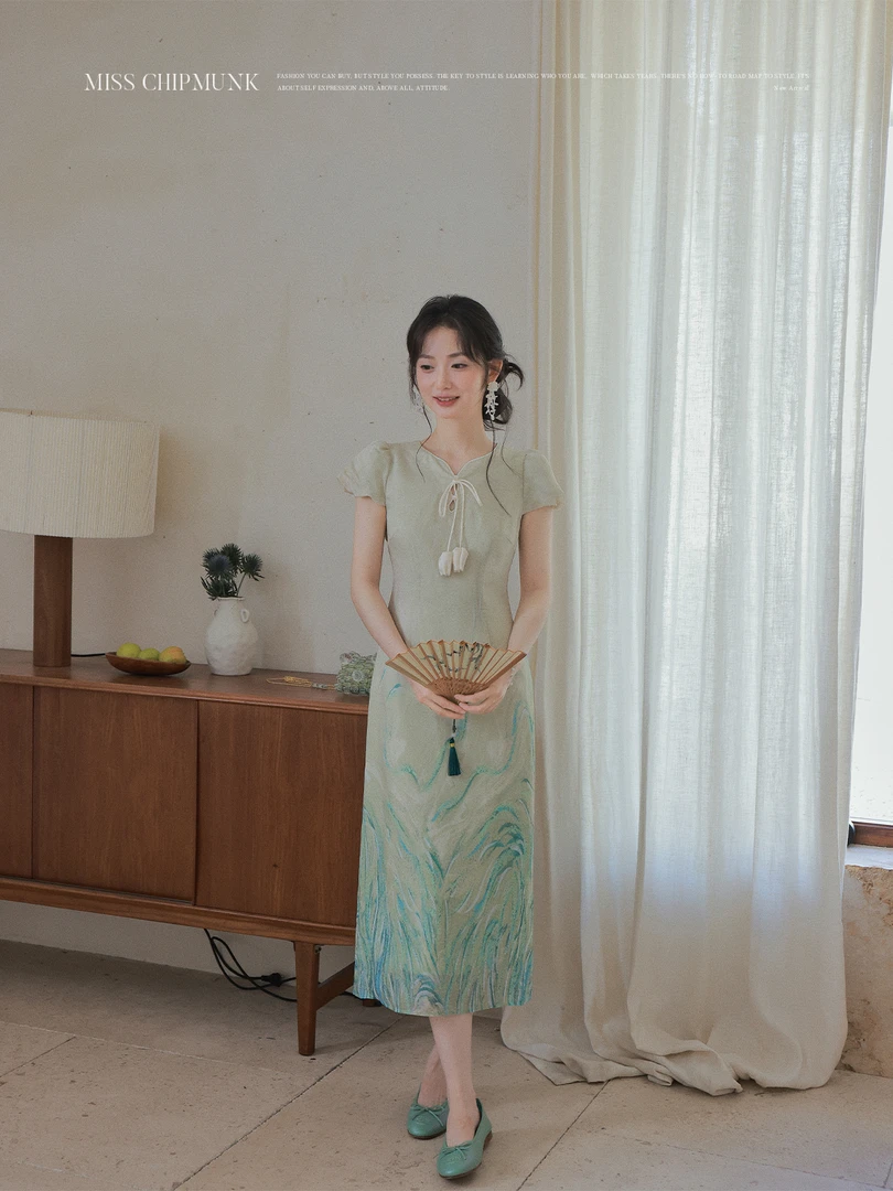 新品【折.腰】气质修身显瘦改良旗袍繁花裙 髙级撞色配郁金香头绳