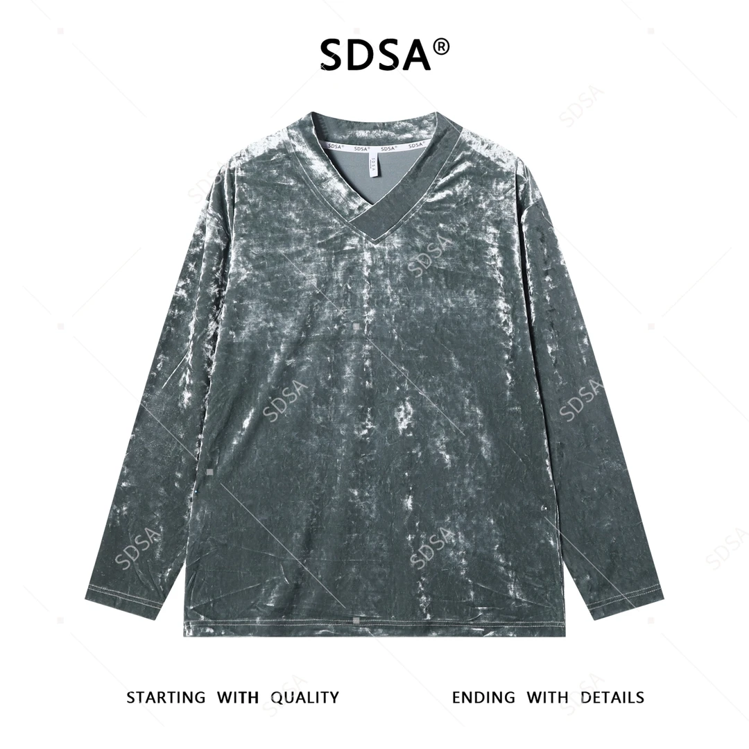 SDSA男士秋冬新款痞帅男装潮牌植绒交叉V领长袖T恤百搭宽松上衣