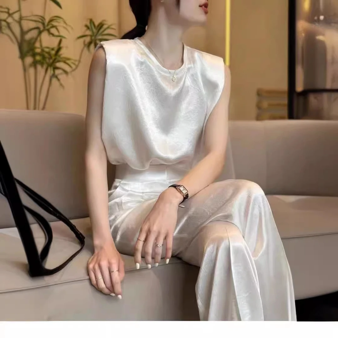 高端精致干练气质女装套装气场强大白色无袖上衣阔腿裤两件套女夏