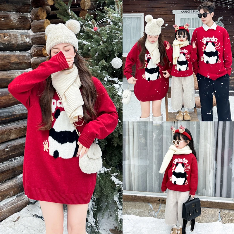 2024新款亲子装熊猫长袖加厚毛衣红色过年针织衫一家三口A9939