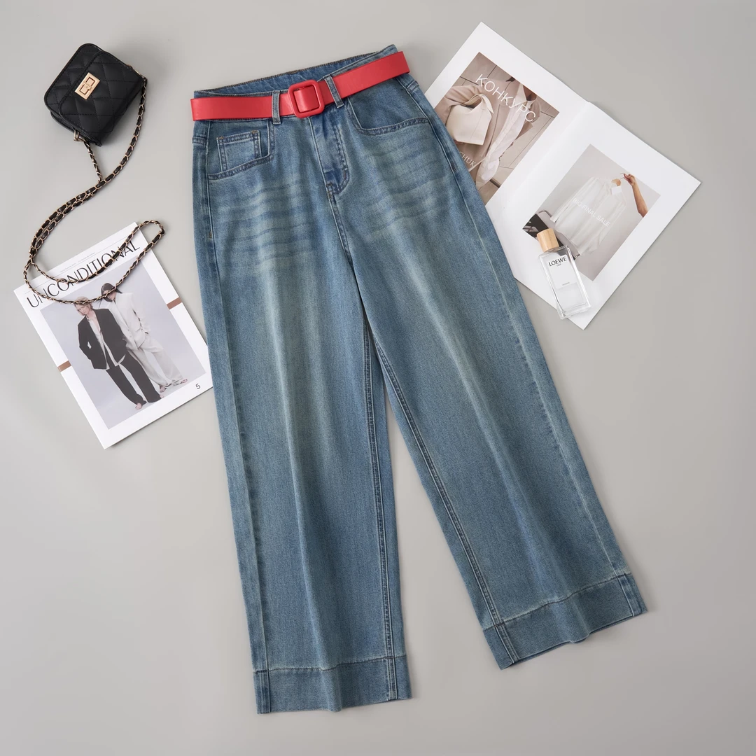 浅蓝色莱赛尔天丝阔腿牛仔裤女2025夏季薄款高腰直筒宽松垂感裤子