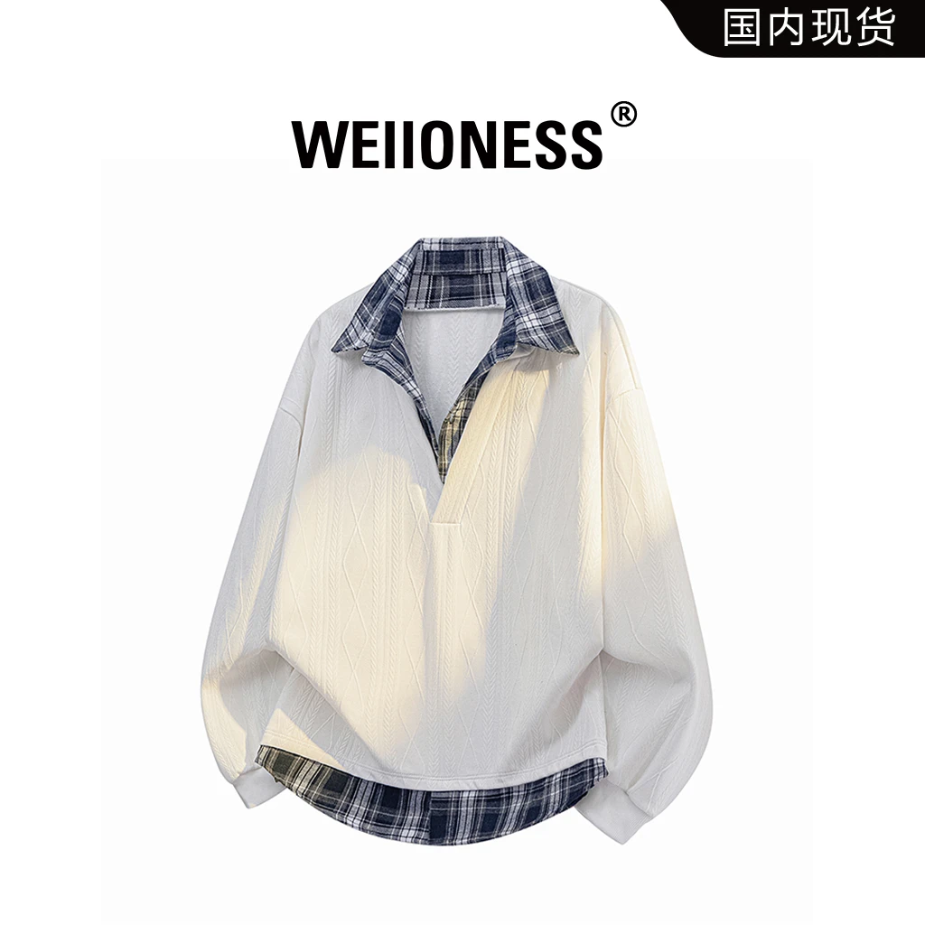 WEIIONESS格子拼接卫衣男秋季宽松休闲肌理感上衣男生高级感衣服