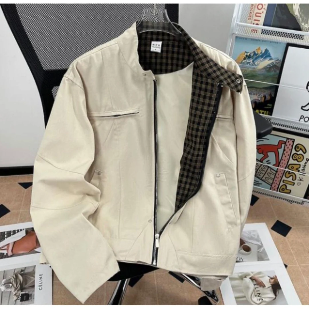 复古哈灵顿二代夹克男春秋高级感cleanfit格子拼接立领短外套