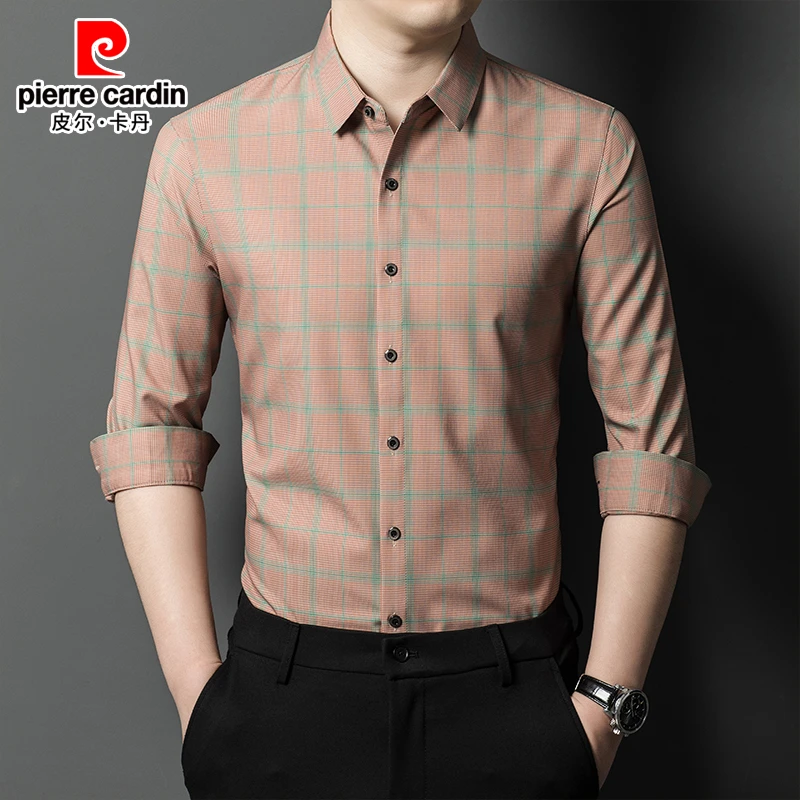 皮尔卡丹正品男士长袖衬衫2025春秋新款中年高档格子商务免烫衬衣