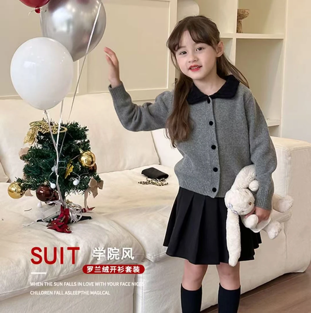 爆款女童韩版学院针织开衫毛衣春秋季宝宝洋气翻领上衣