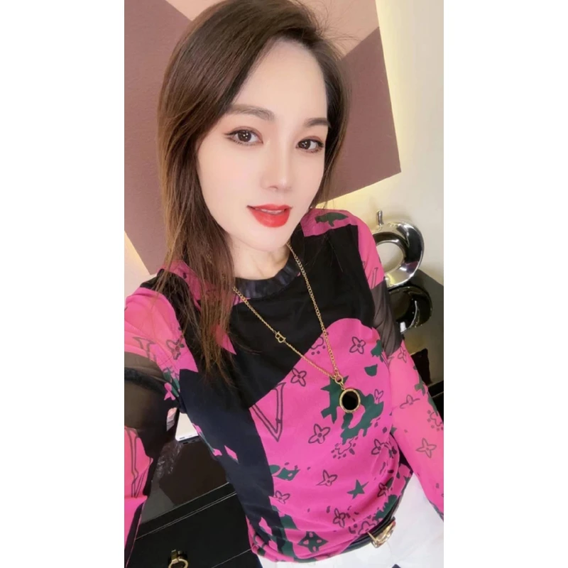 【柔柔推荐】9985-新款秋款网纱圆领晕染上衣时尚显瘦气质长袖时尚