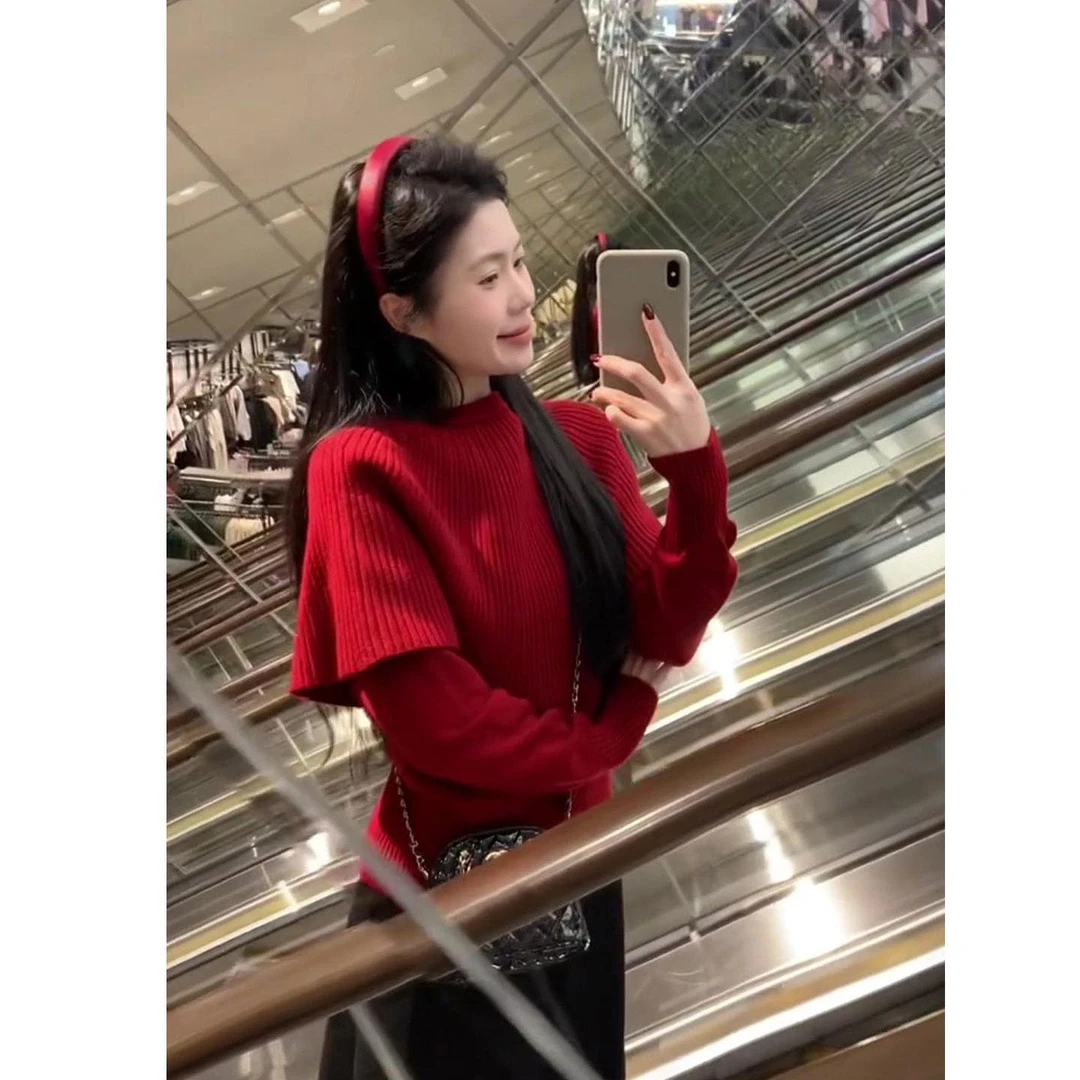 圣诞新年红色斗篷披肩假两件毛衣女秋冬新款设计感高级显瘦针织衫