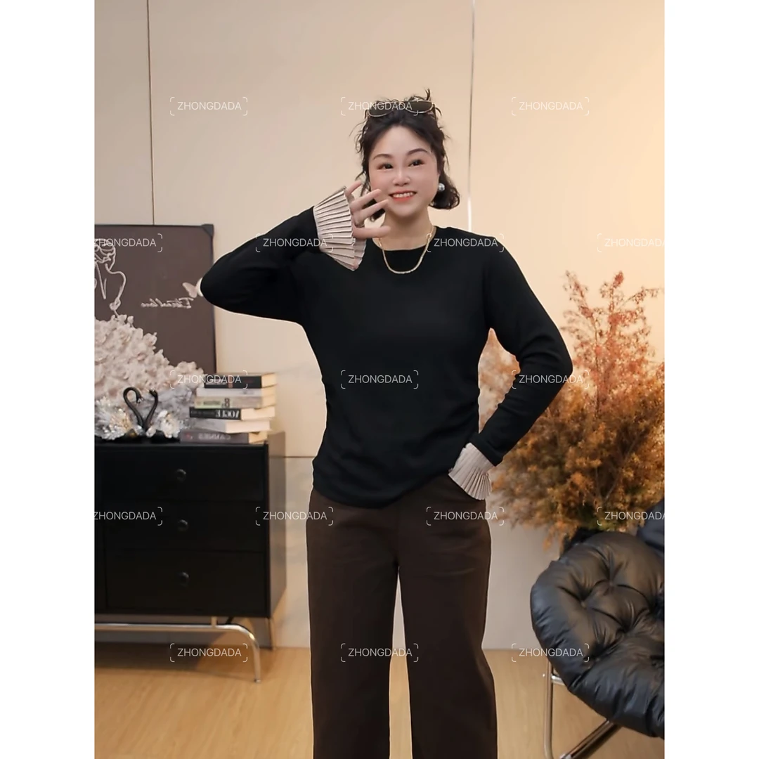ZHONG大大【】设计感喇叭袖打底T恤冬季加绒拼接设计显瘦上衣1011