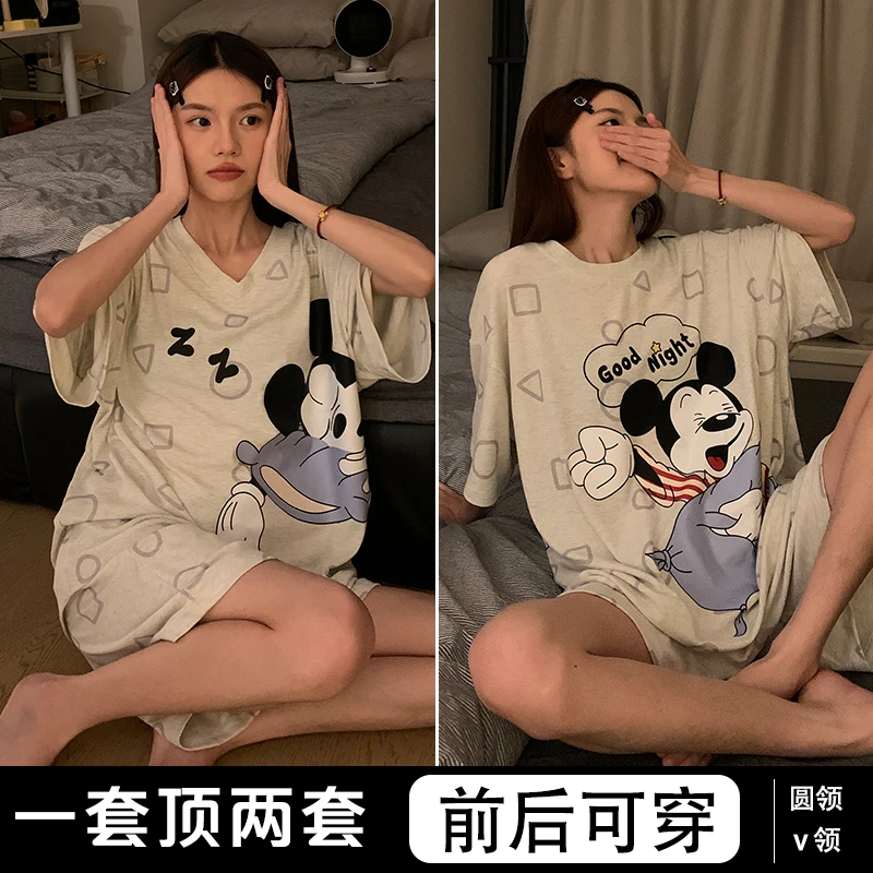 夏季两穿睡衣女家居服罗纹莫代尔套装卡通瞌睡米奇薄款短袖短裤女