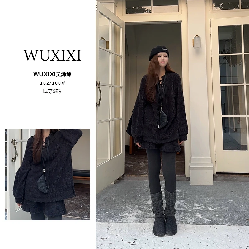 原创设计秋冬百搭加厚羊绒黑色加绒宽松休闲风时尚慵懒套装两件套