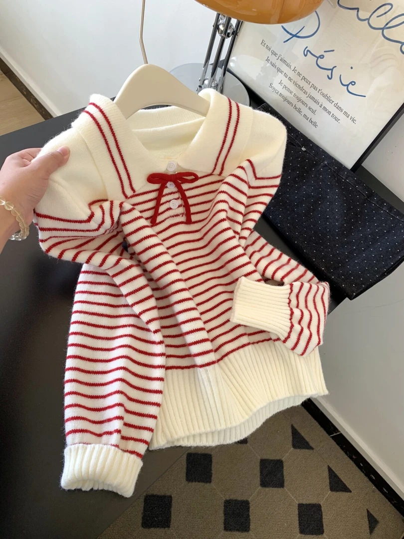 韩系翻领条纹蝴蝶结绑带毛衣女秋冬设计感小众甜美减龄针织衫上衣