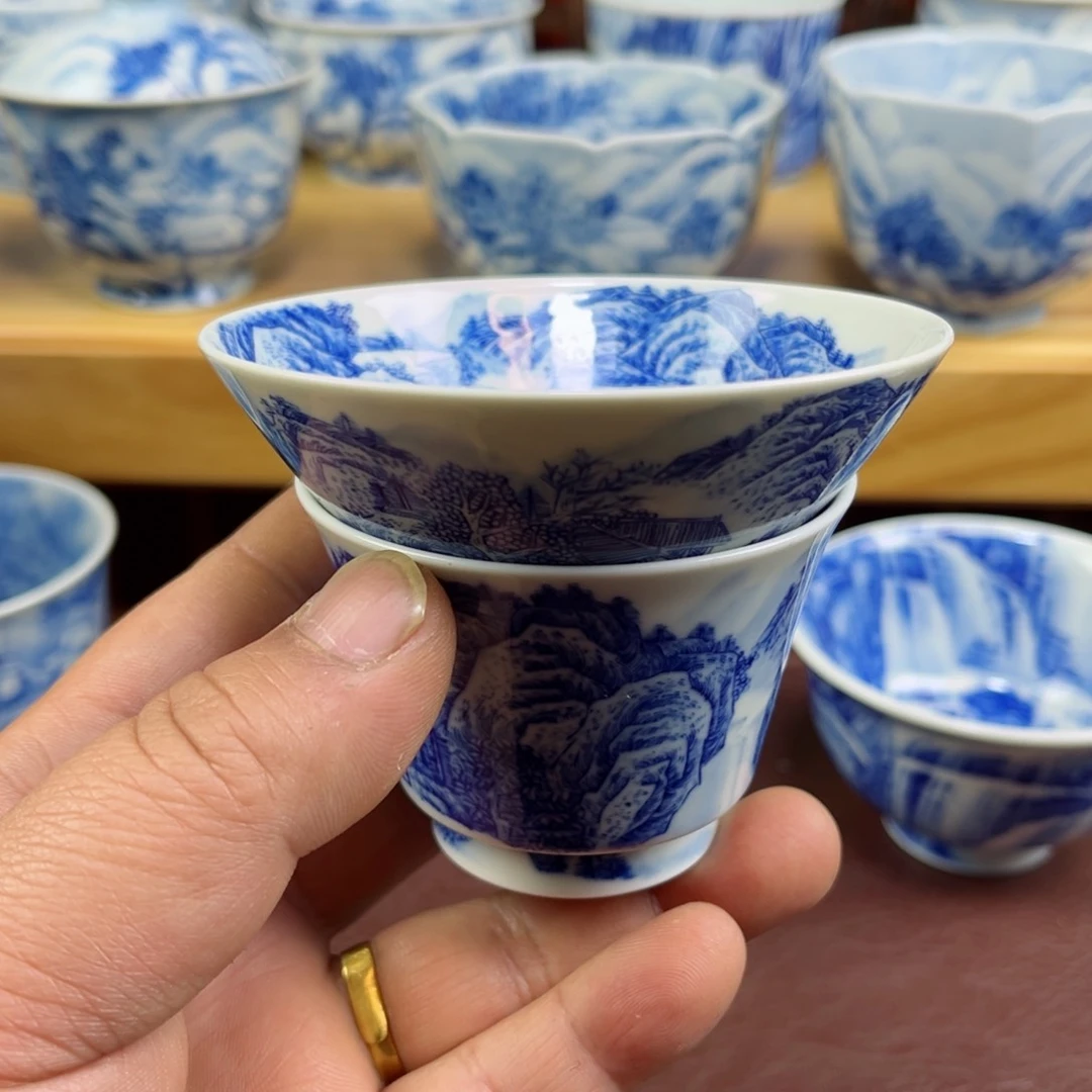K*陶瓷釉下青花山水两杯子
