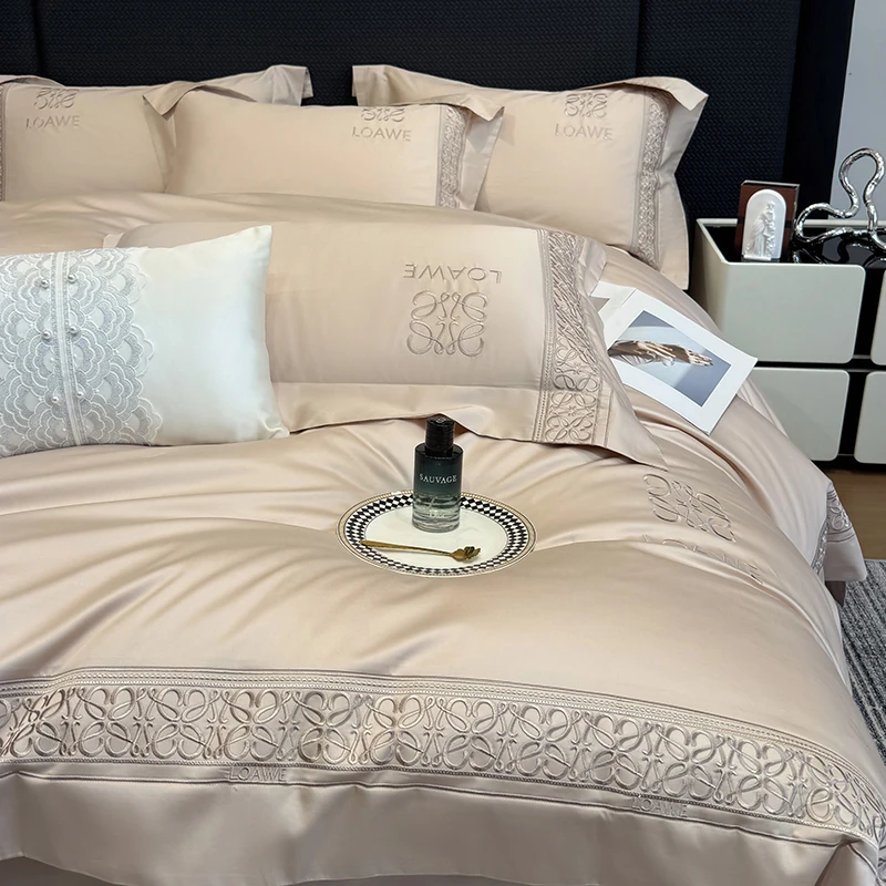 A类母婴级轻奢四季长绒棉四件套全棉纯棉床单刺绣被套高级感床品4