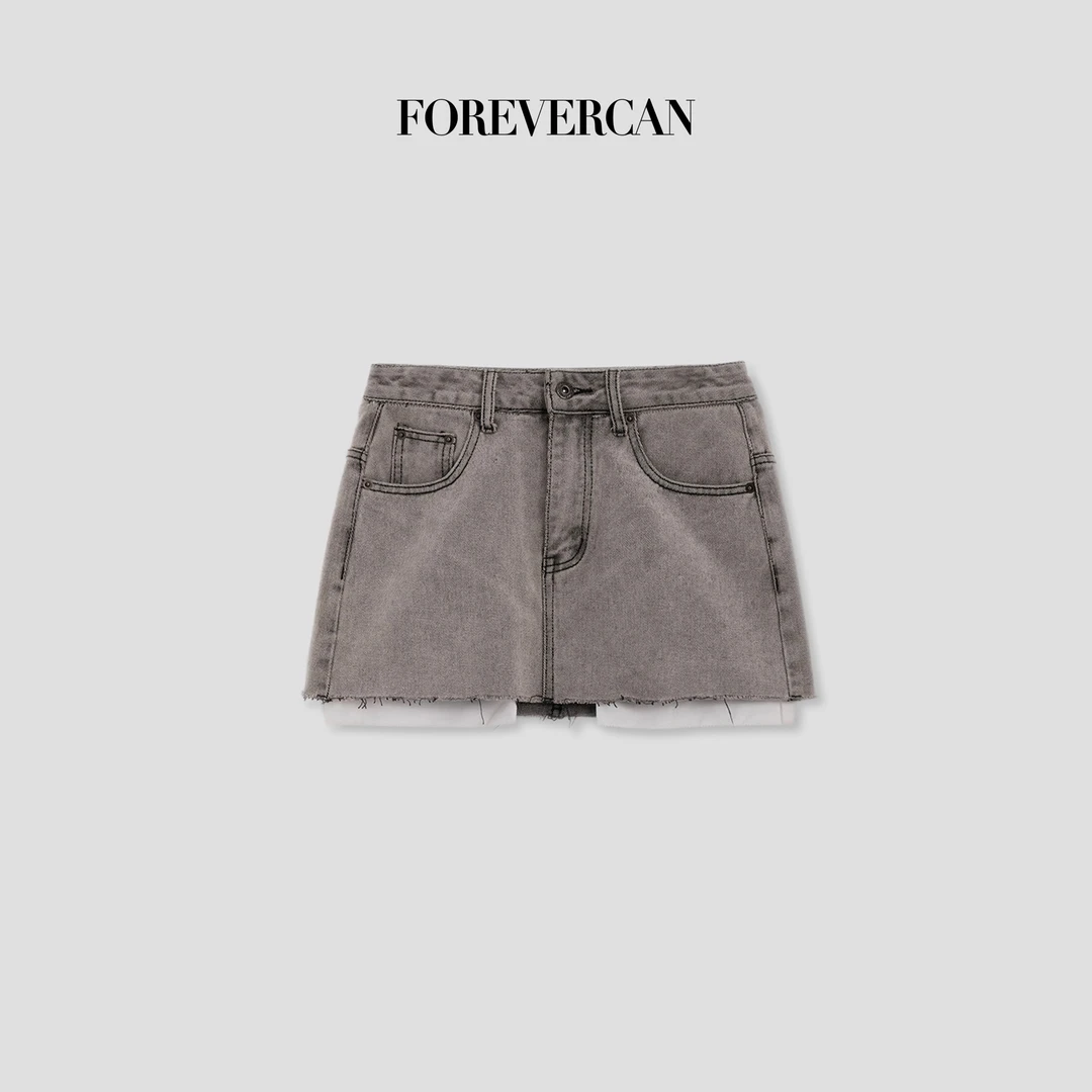 FOREVERCAN“杂志社”复古做旧洗水毛边包臀半身裙 SD19098