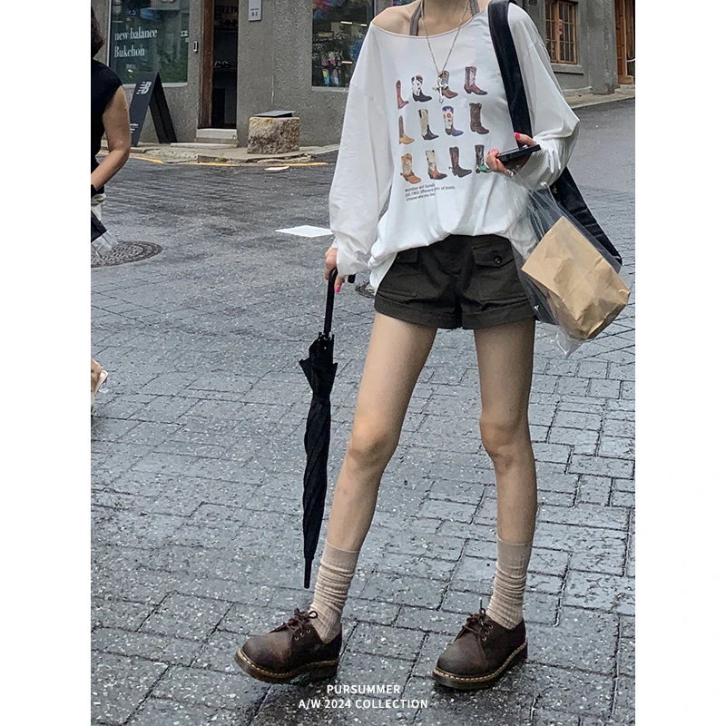 【清清！朴夏Pursummer】咖色工装短裤宽松百搭慵懒风裤子K23221PR42