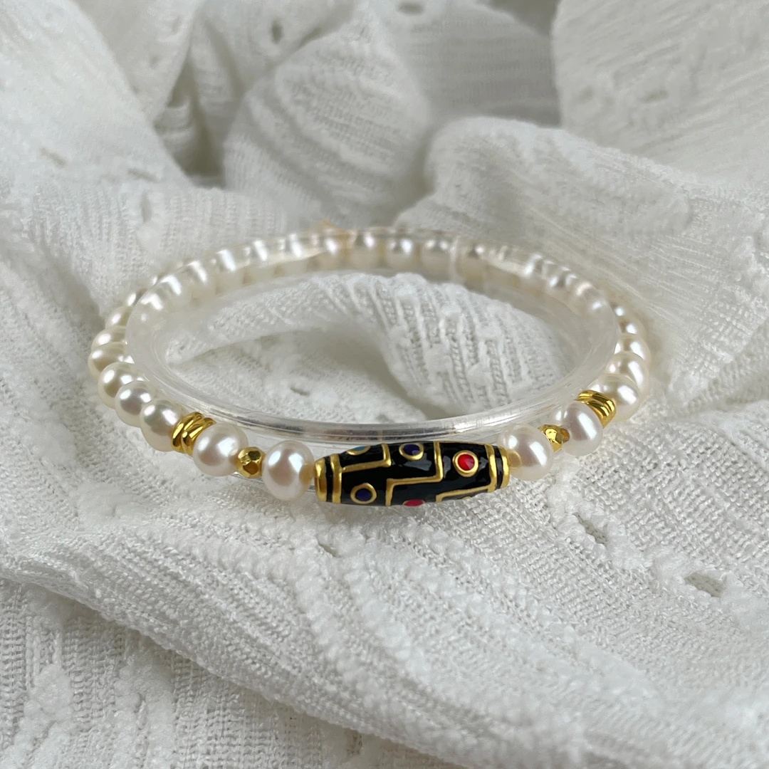 足金黄金珐琅九眼天珠天然珍珠手串百搭时尚轻奢小众送女友