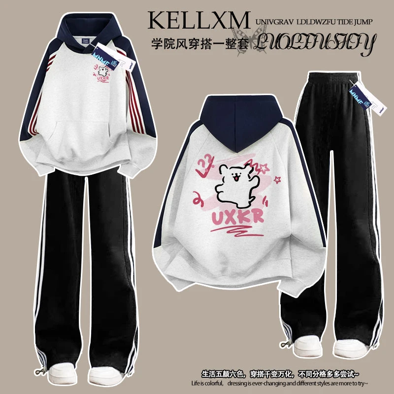 女童卡通线条小狗印花秋冬新款三条杠连帽卫衣裤子中大童两件套潮