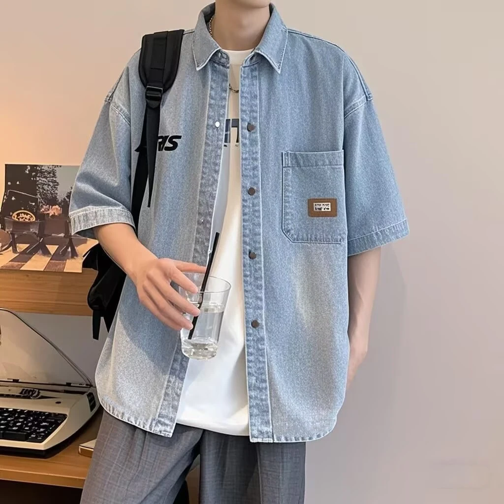 夏季港风短袖牛仔衬衫男韩版潮流青少年半袖衬衣休闲帅气薄款外套