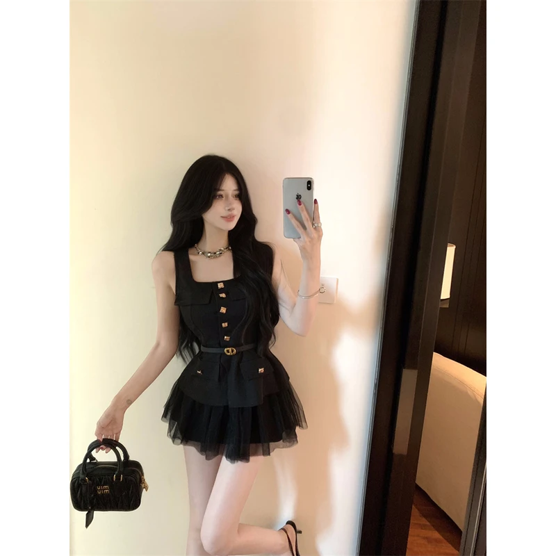 法式气质马甲蓬蓬裙套装炸街减龄洋气时髦小马夹薄款背心套装女夏