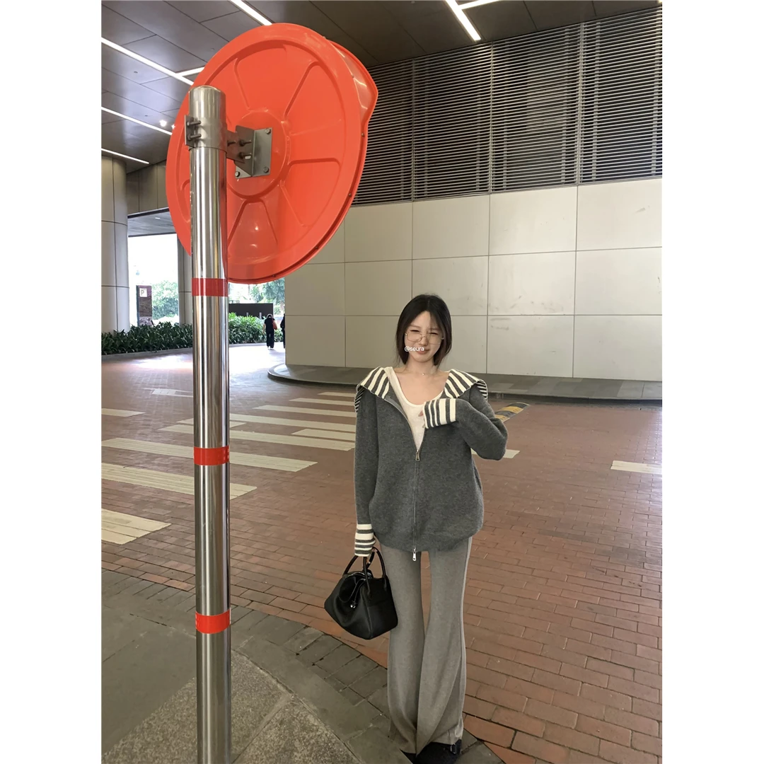 撞色条纹海军领长袖毛衣外套女冬季复古慵懒针织开衫宽松拉链上衣